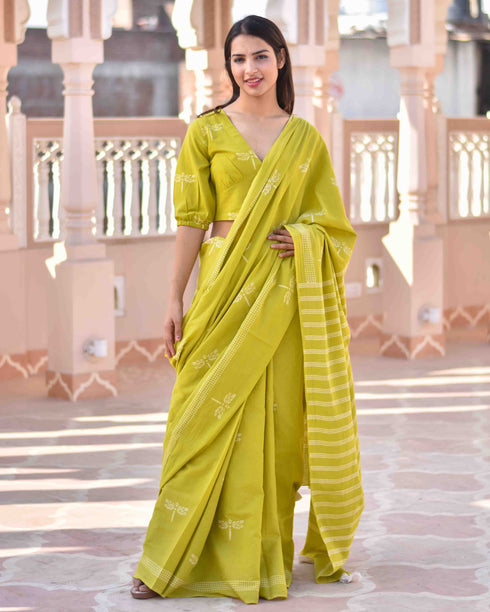 Melody Of Parrots Hand Block Printed Cotton Saree